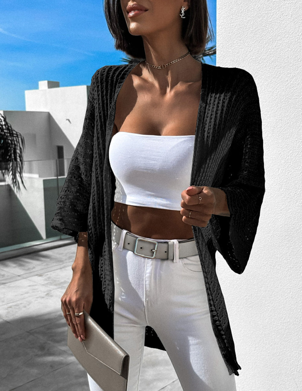 Hollow-out Knit Kimono Lightweight Cardigan