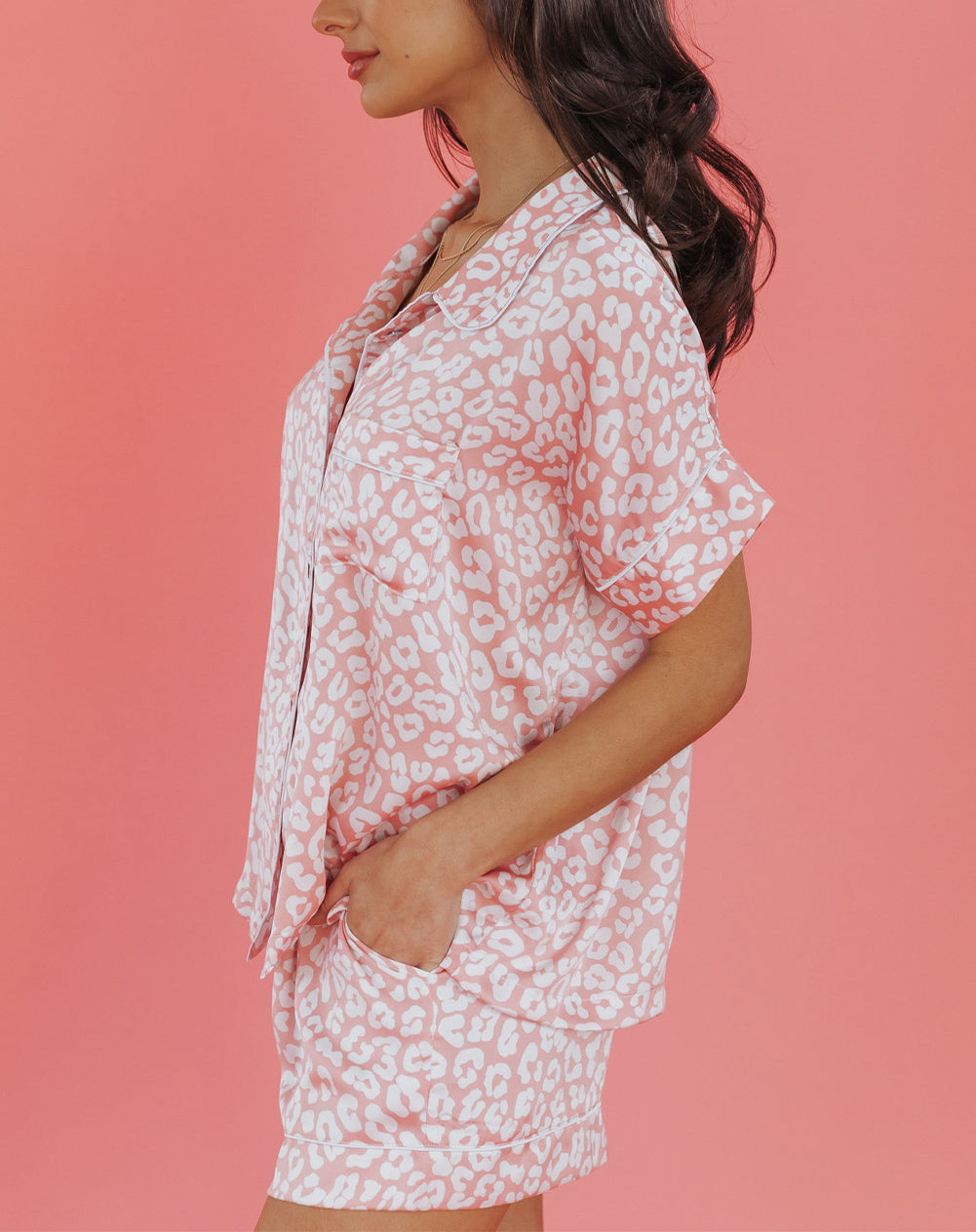 Pink Leopard Satin Shirt and Shorts Pajama Set