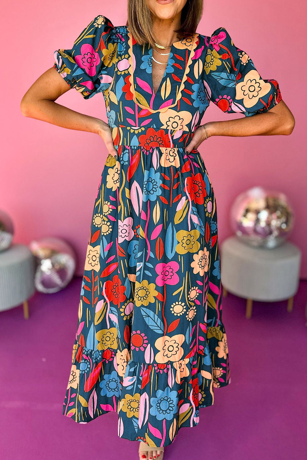 Retro Floral Printed Split Neck Maxi Dress