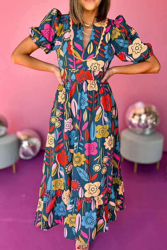 Retro Floral Printed Split Neck Maxi Dress