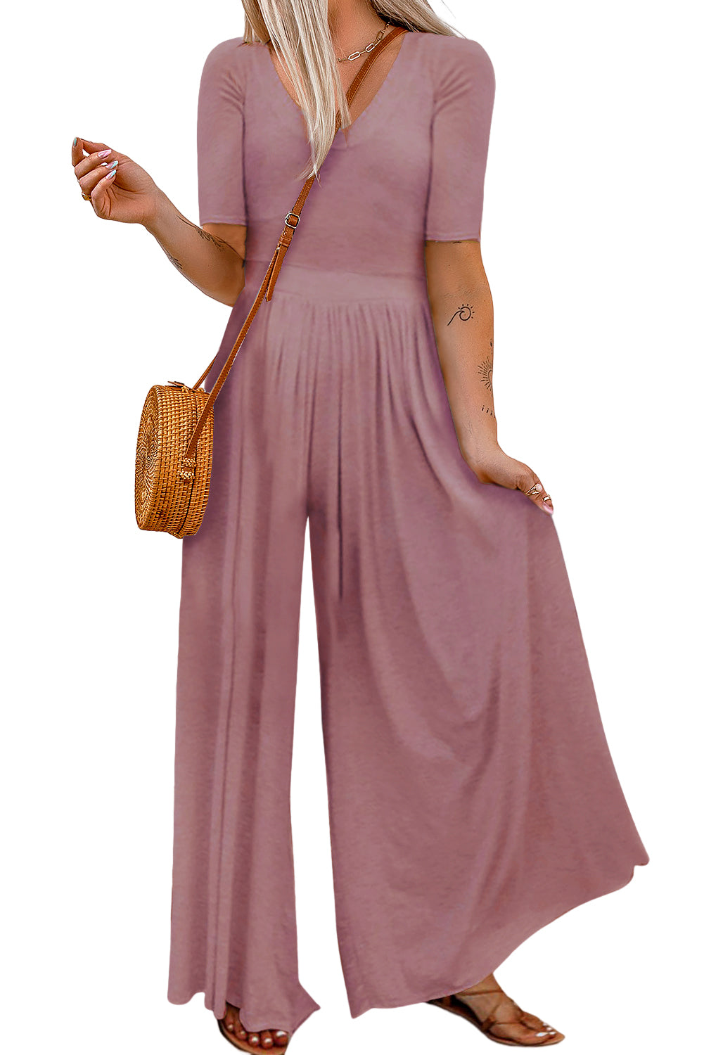 Short Sleeve Bodice Flowy Wide Leg Jumpsuit
