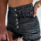 High Waist Multi Buttons Raw Edge Denim Shorts
