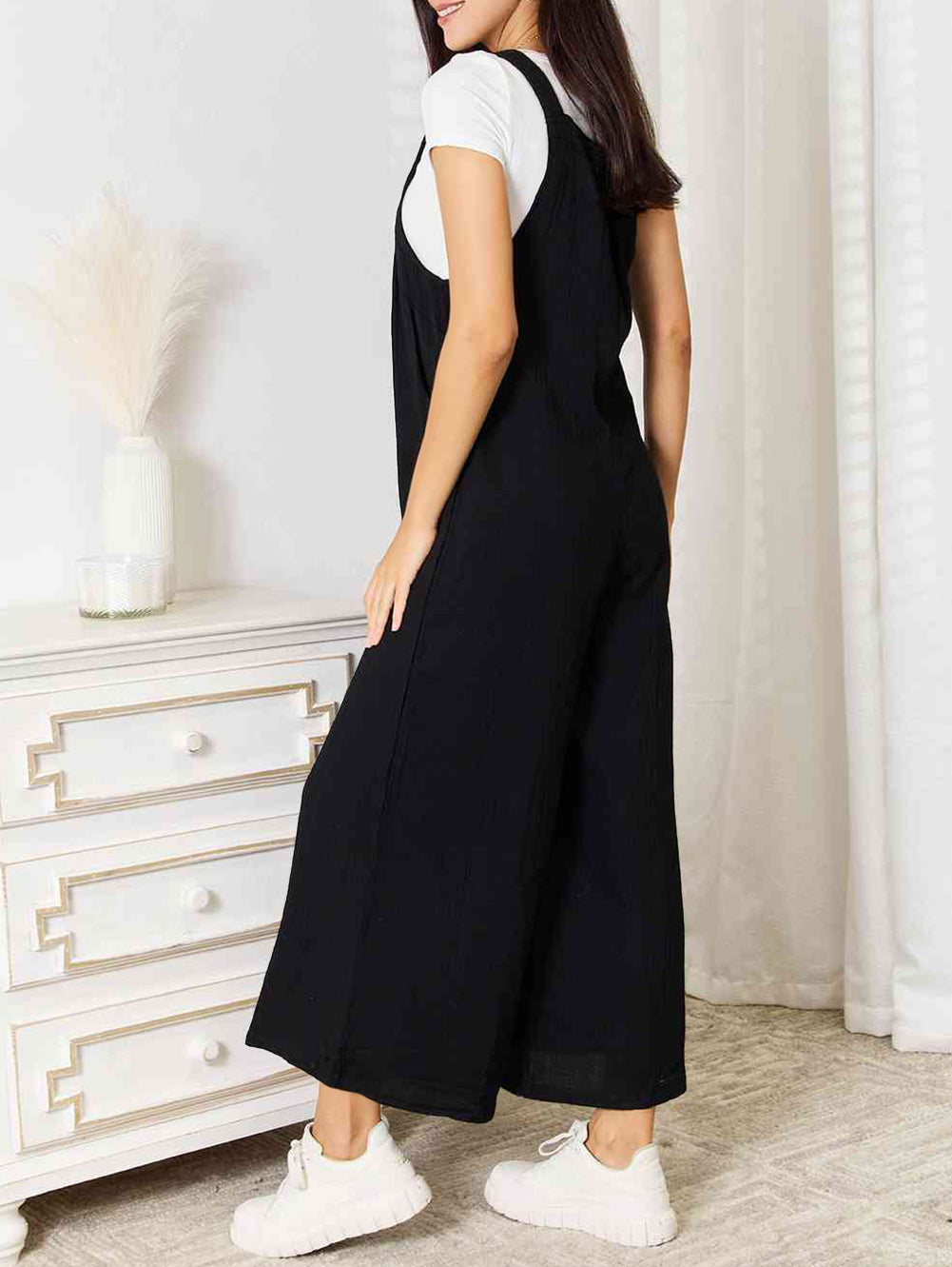 Buttoned Straps Crinkled Wide Leg Pocketed Overalls