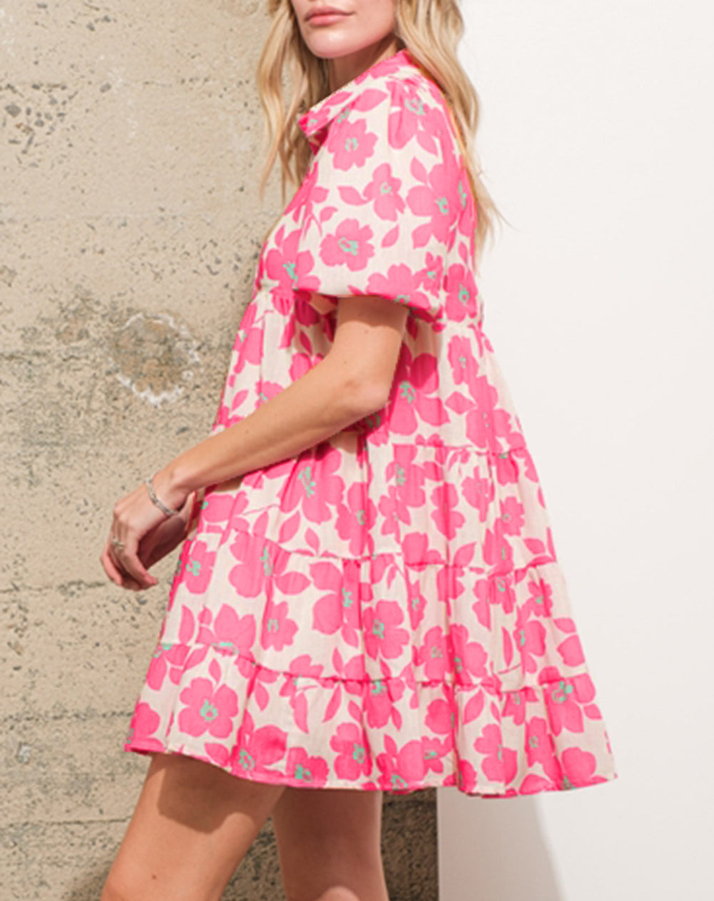 Floral Tiered Puff Sleeve Mini Shirt Dress