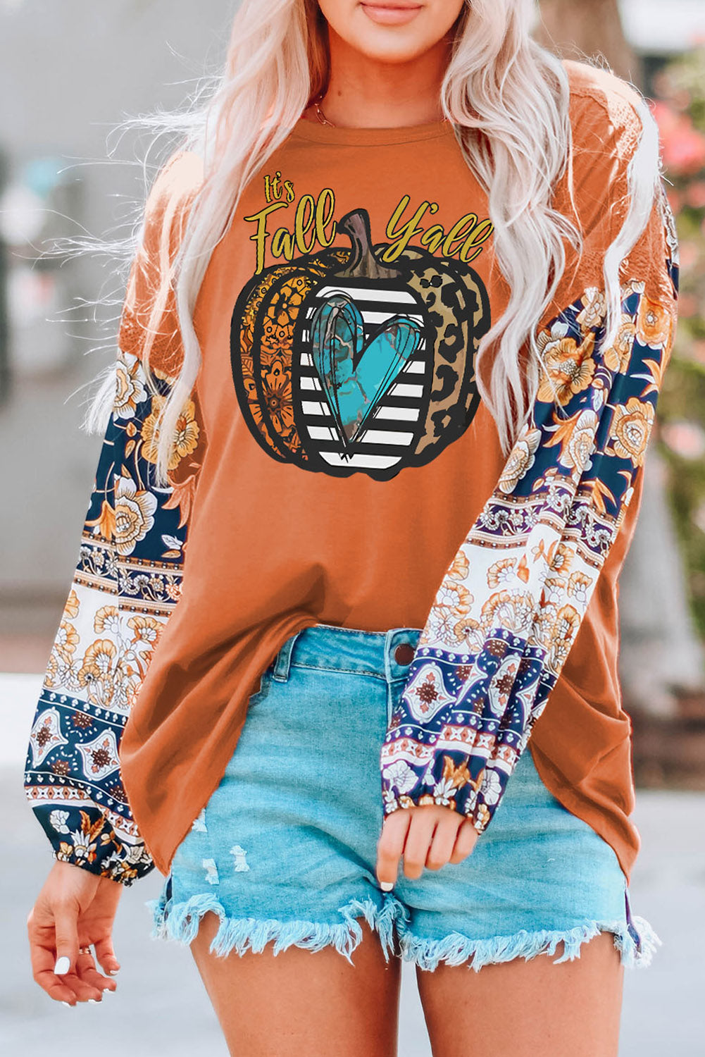 Fall Pumpkin Graphic Boho Balloon Sleeve Top