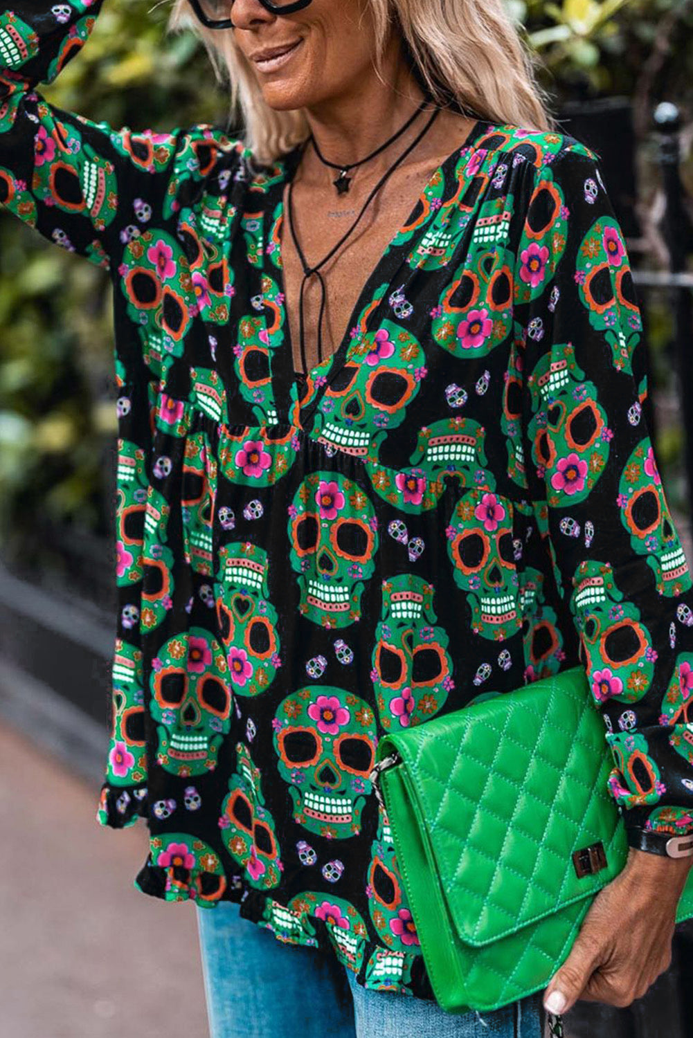 Sugar Skull Printed V Neck Babydoll Blouse