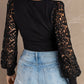 Square Neck Crochet Sleeve Black Top