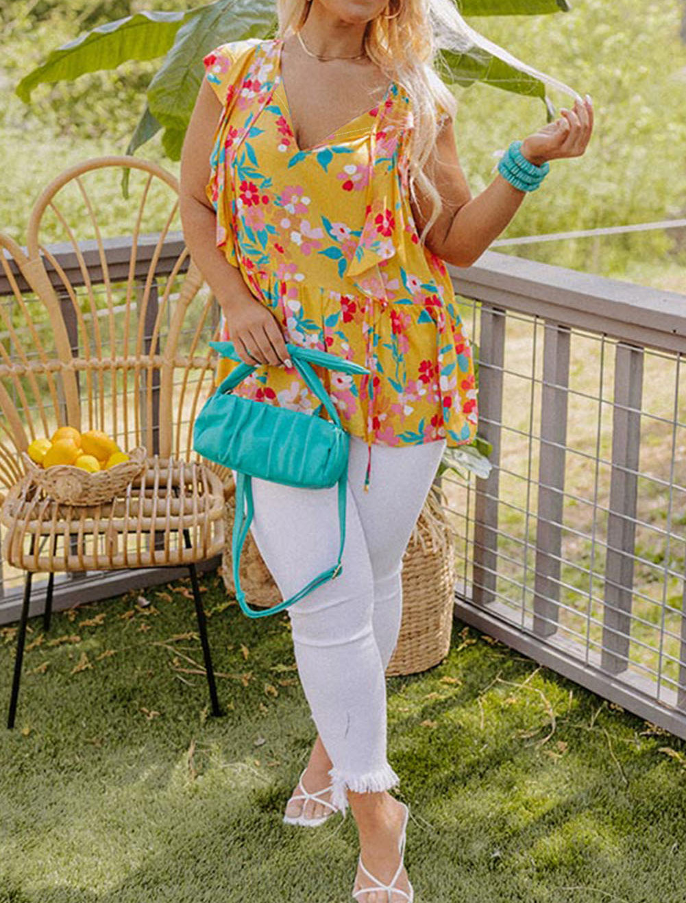 Plus Size Ruffle Trim Tie Neck Floral Peplum Tank Top