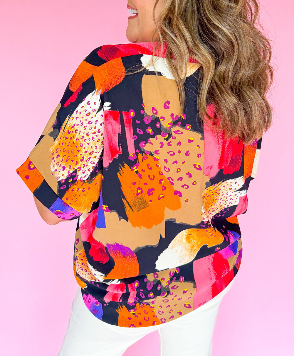 Abstract Print V Neck Short Sleeve Plus Size Blouse