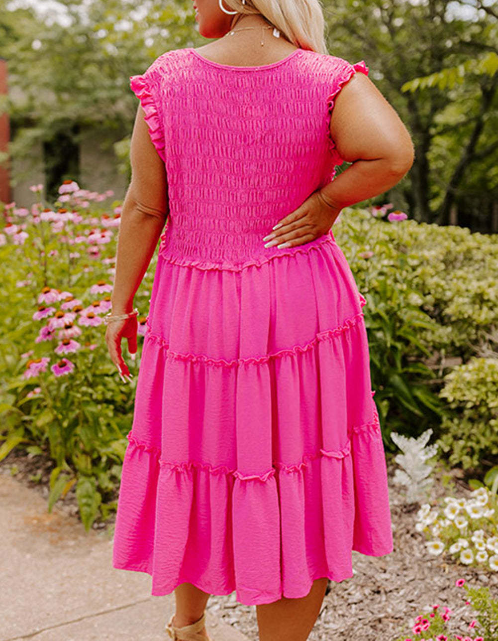 Plus Size Solid Frill Tiered V Neck Smocked Dress