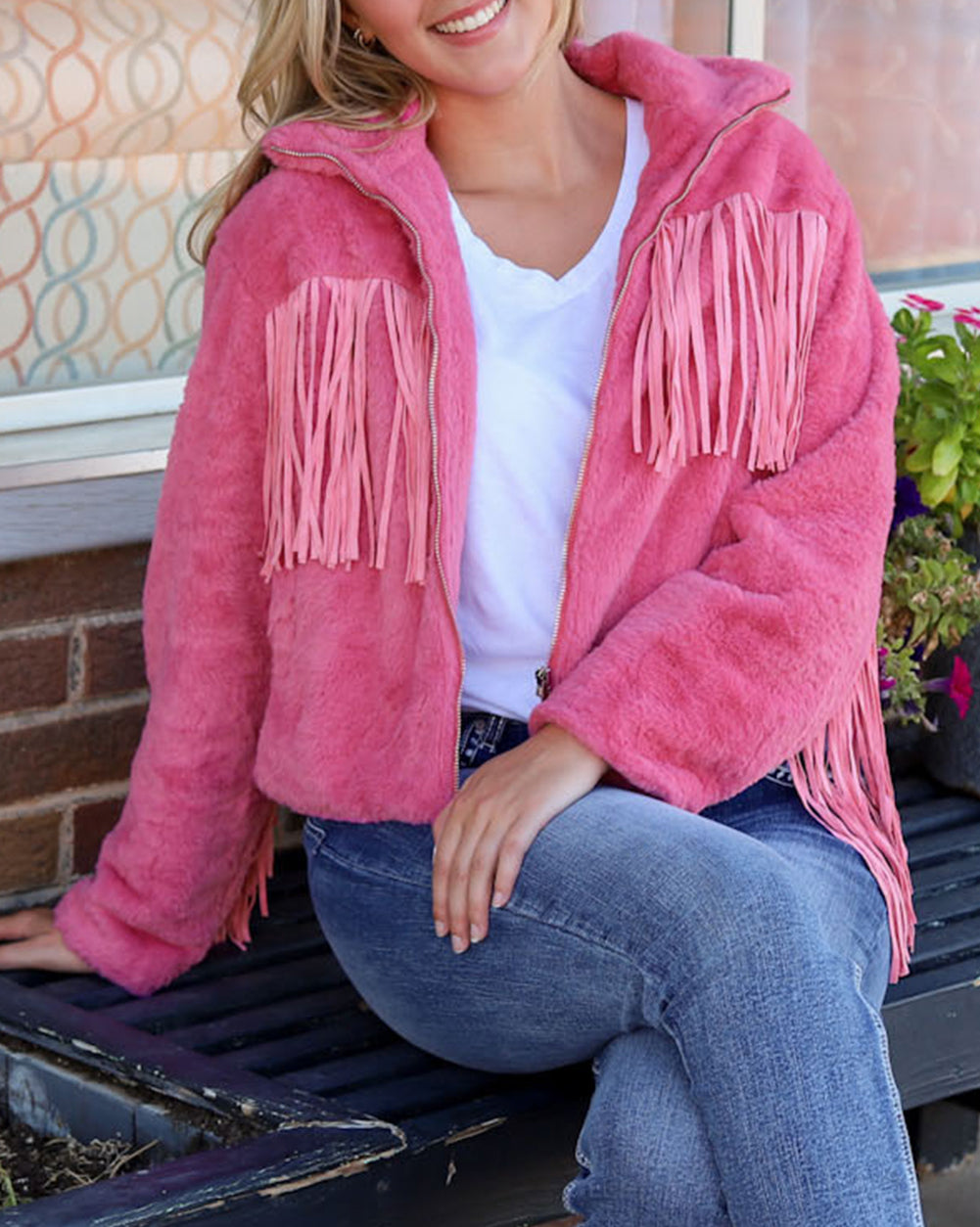 Fringed Full Zipper Fleece Jacket