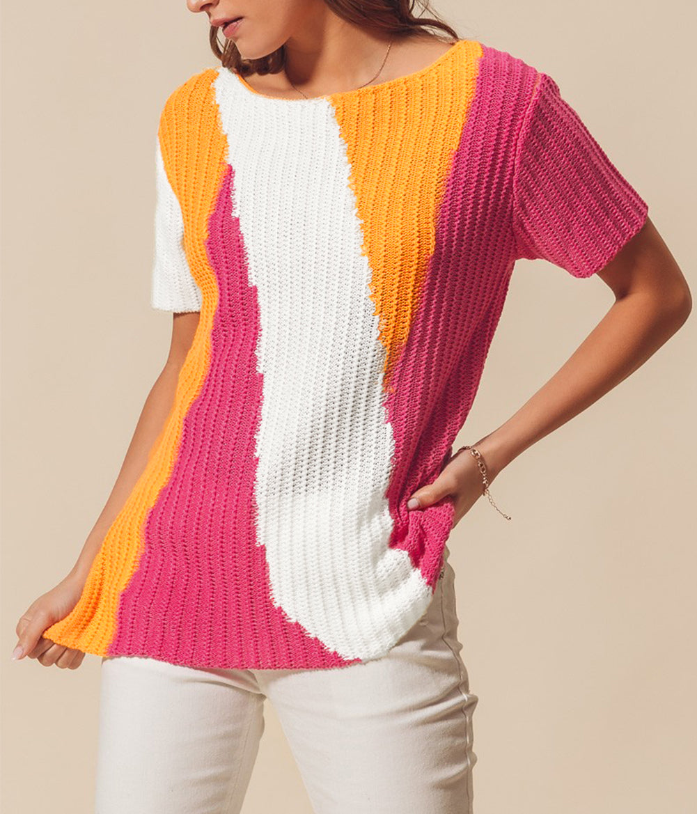 Textured Knit Colorblock Short Sleeve Sweater