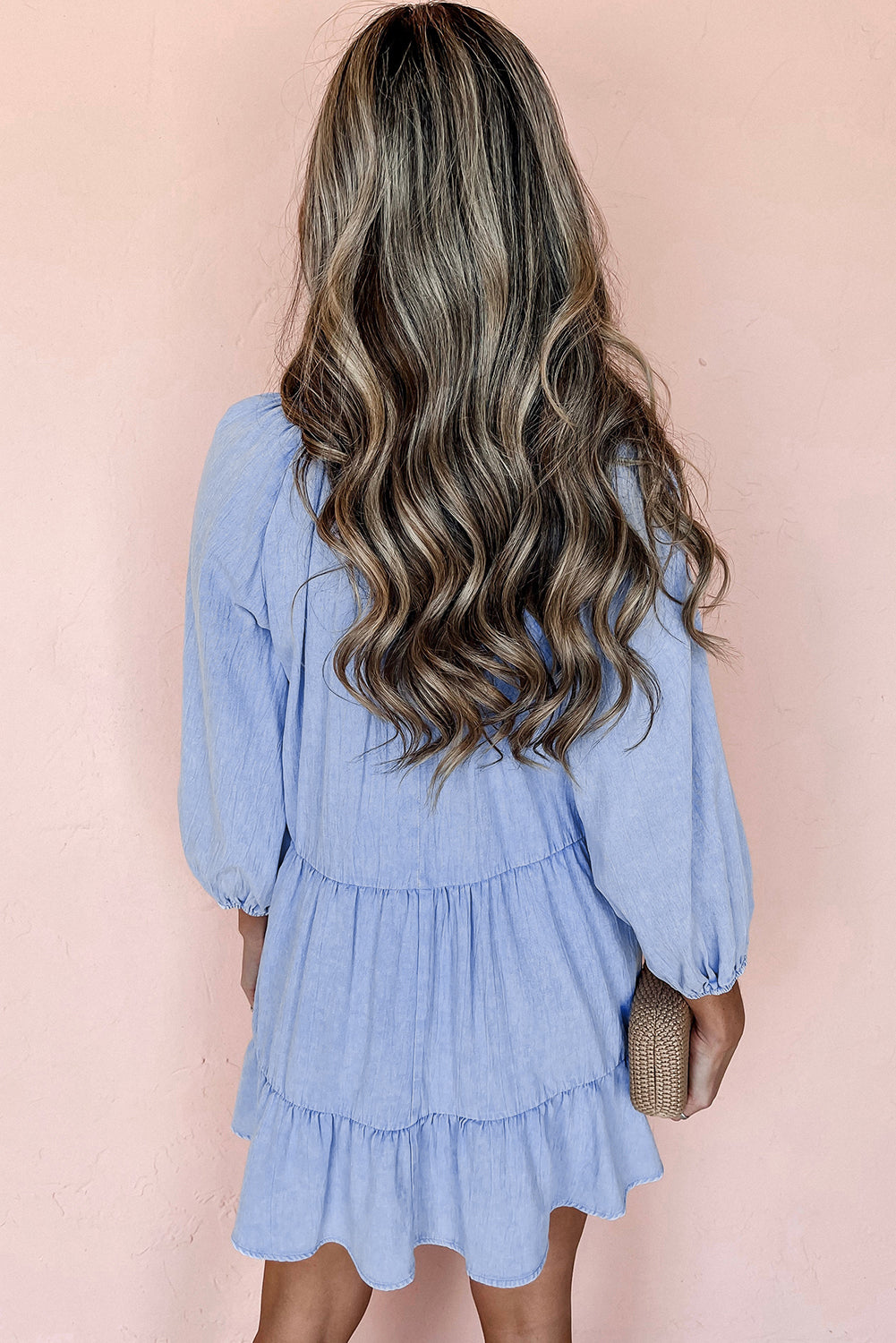 Puff Sleeve V Neck Tiered Ruffled Chambray Mini Dress