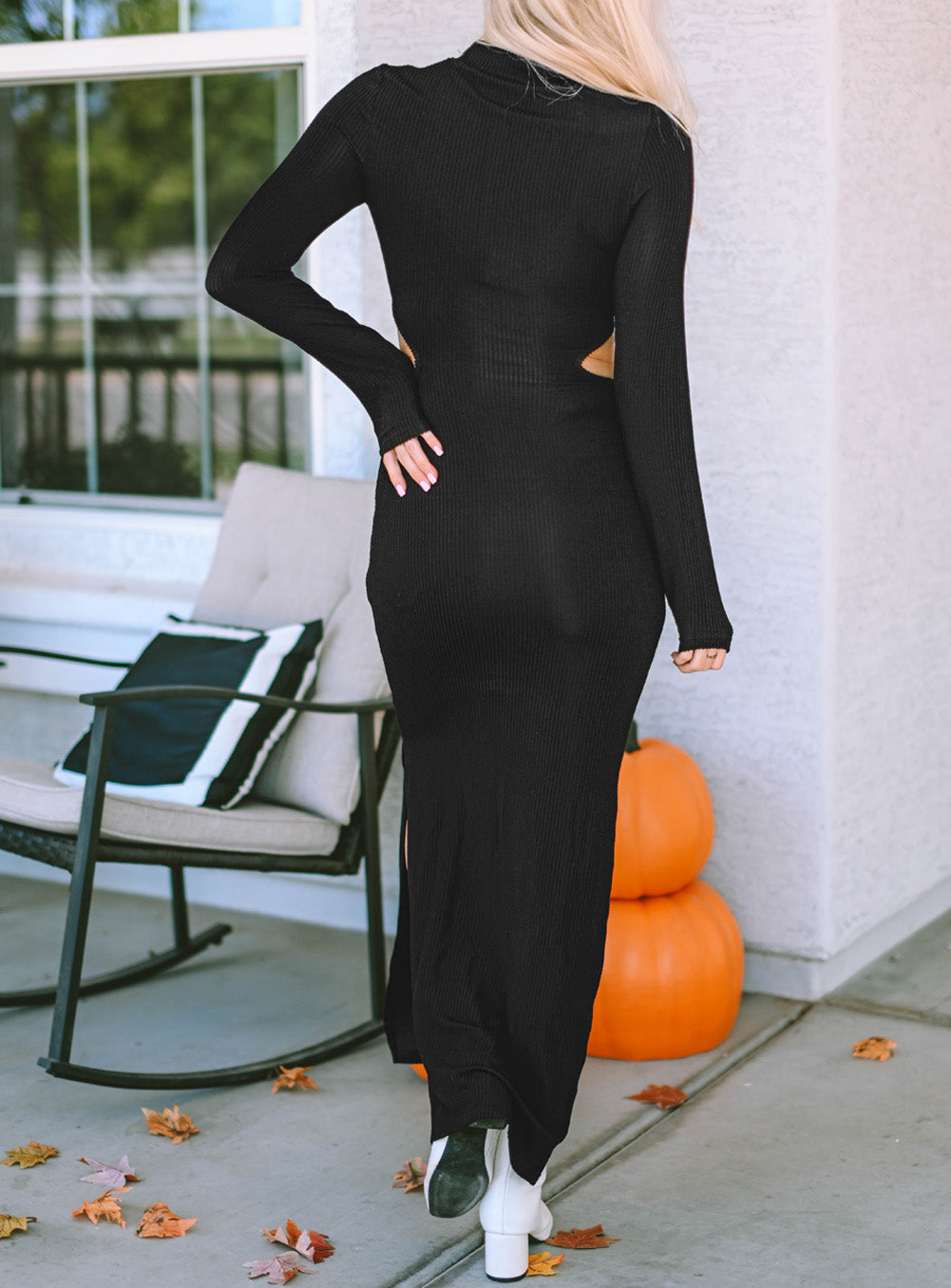 Ribbed Twist Cutout Long Sleeve Dress