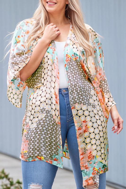 Floral Mixed Print Open Front Plus Kimono