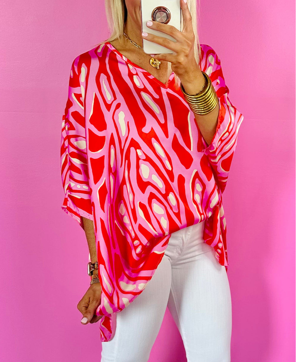 Abstract Print V Neck Batwing Sleeve Oversized Blouse