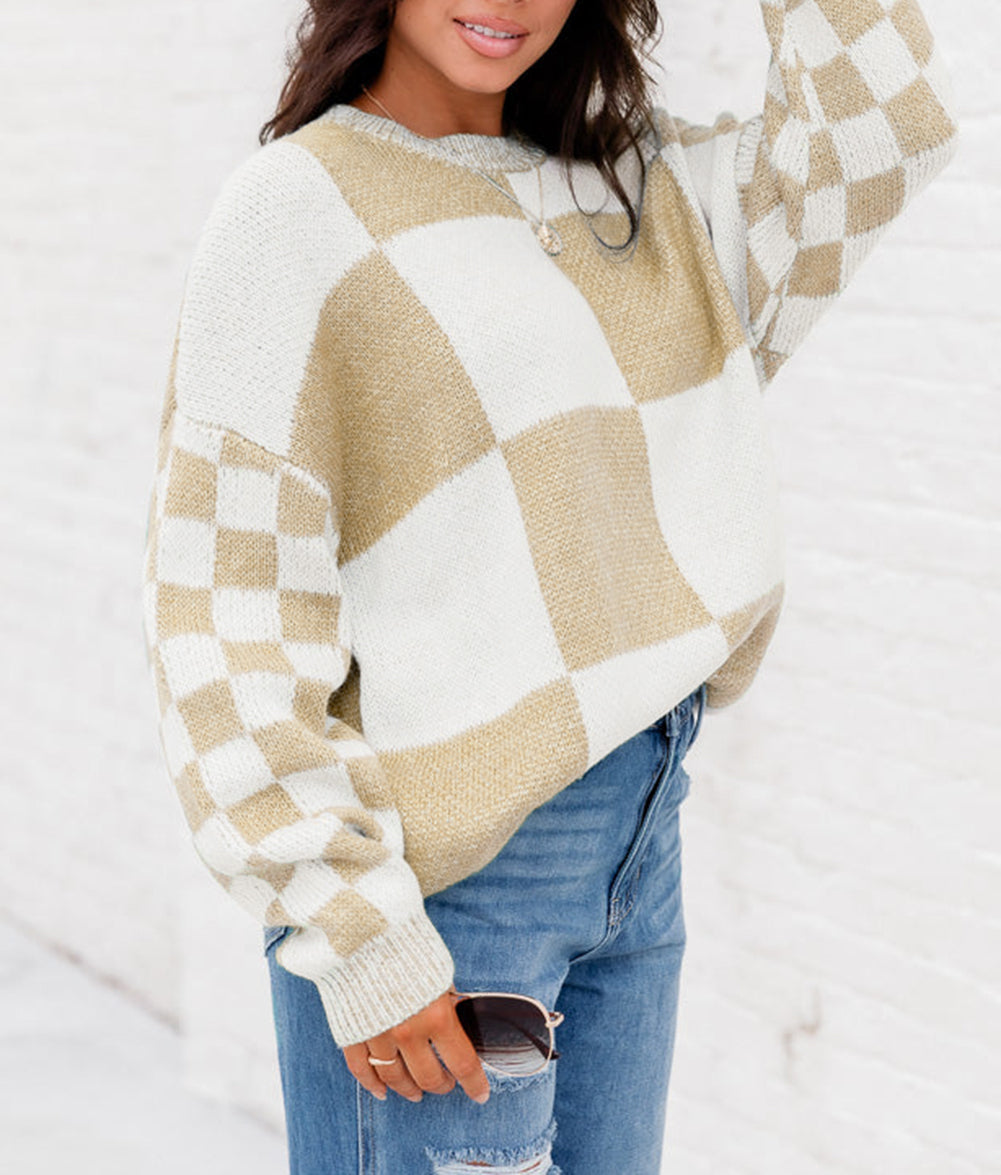 Checkered Print Drop Shoulder Sweater