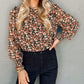 Ruffle Trim Shirred Cuffs Floral Blouse