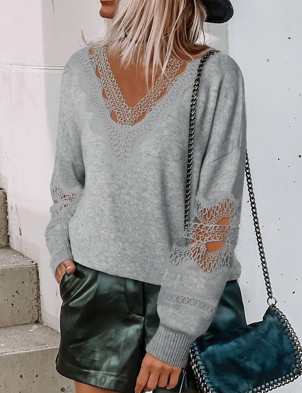 Hollowed Lace Splicing V Neck Loose Sweater