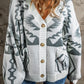 Geometric Pattern Ribbed Trim Button-Up Cardigan