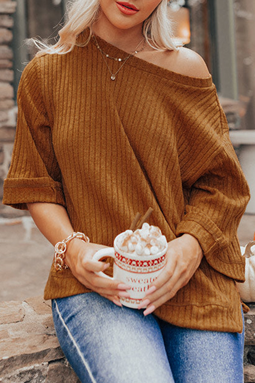 Ribbed Knit Three Quarter Sleeve T Shirt