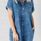 Mineral Wash Cuffed Sleeve Frayed Hem Denim Dress