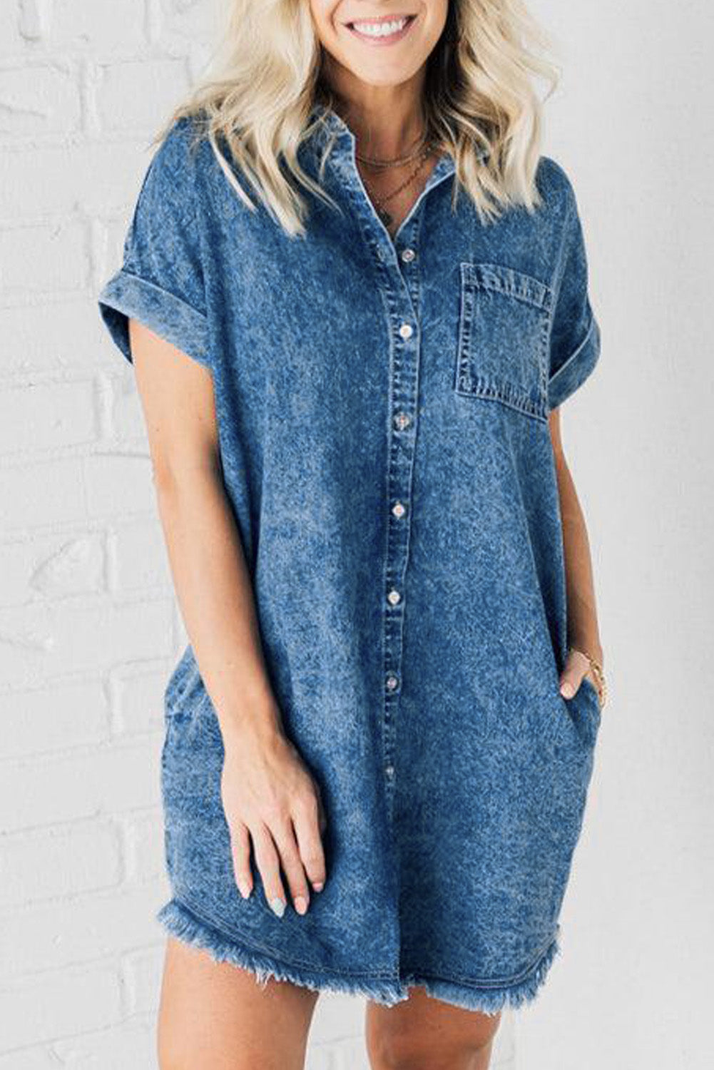 Mineral Wash Cuffed Sleeve Frayed Hem Denim Dress