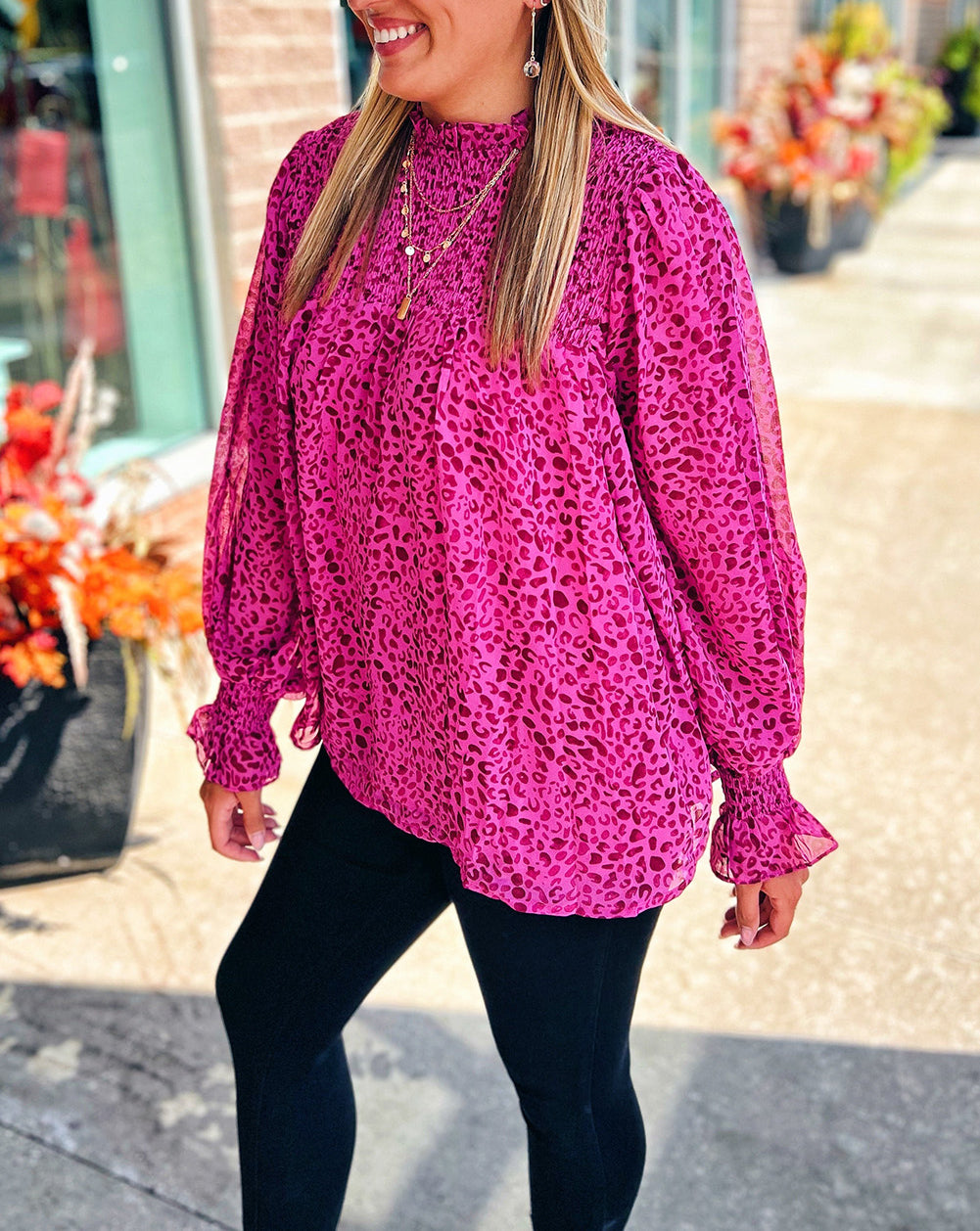 Leopard Shirred Puff Sleeve Flowy Blouse