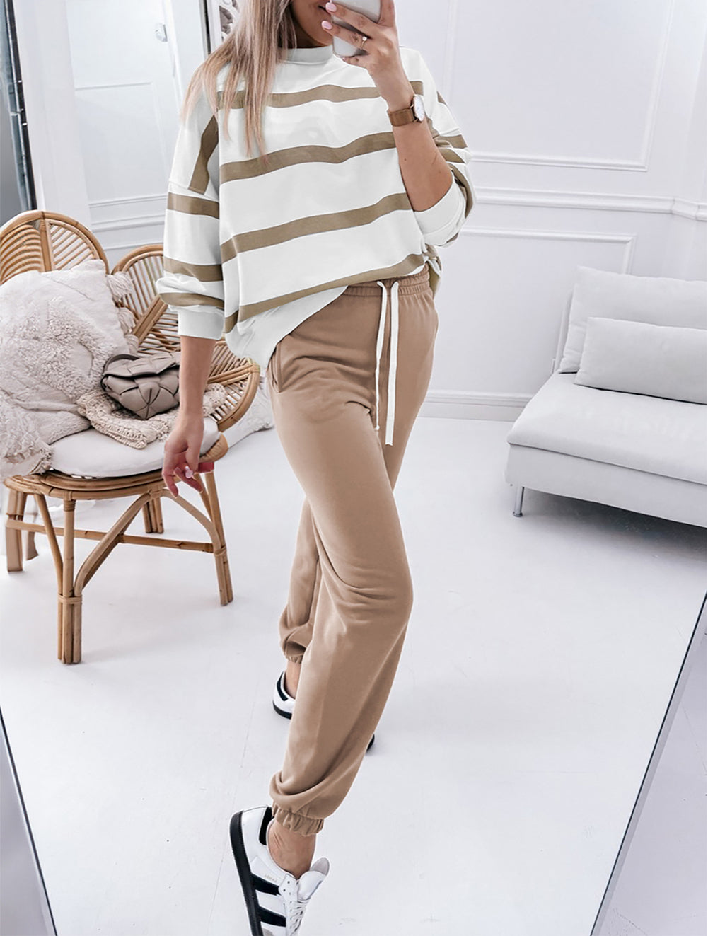 Stripe Drop Shoulder Pullover and Jogger Pants Set