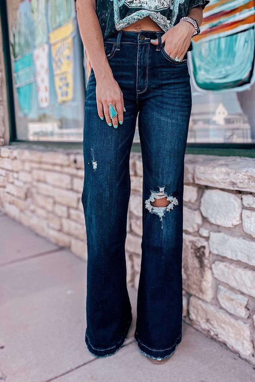 Teal High Rise Ripped Bell Bottom Jeans