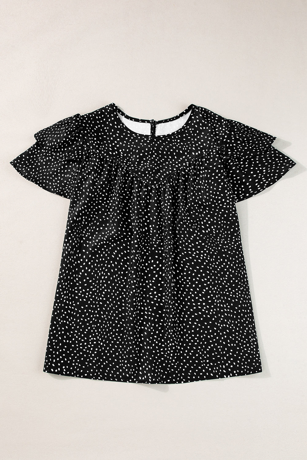 Dotted Ruffle Sleeve Crew Neck Ruched Blouse