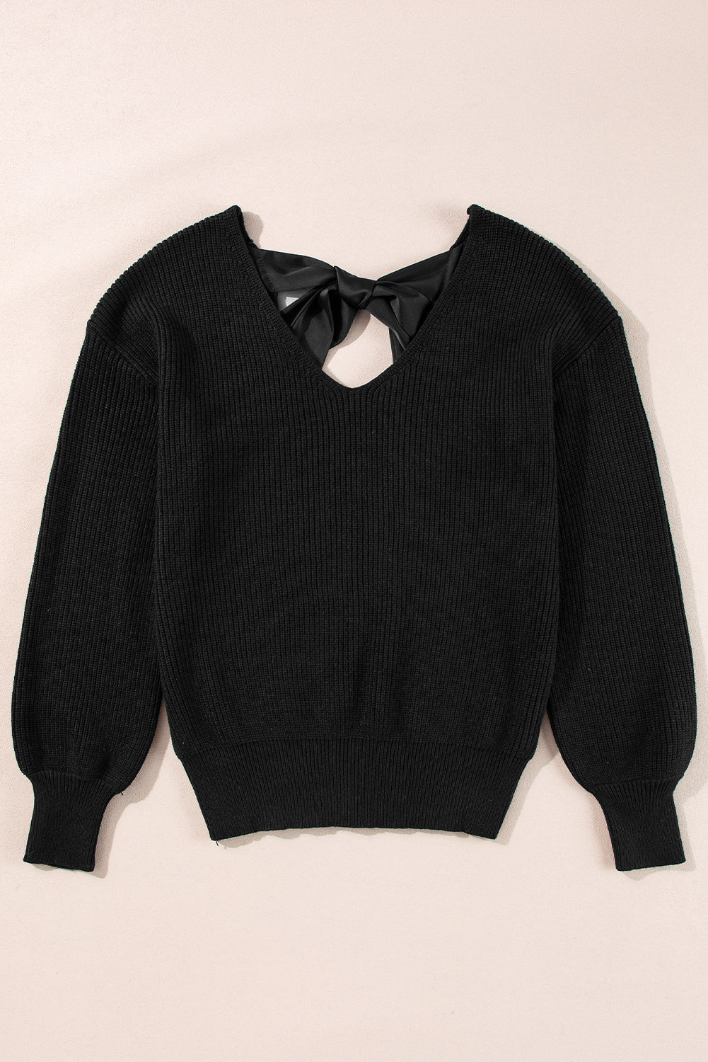 Lantern Sleeve V Neck Knot Back Sweater