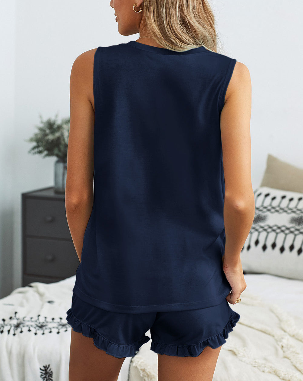 Crew Neck Tank and Drawstring Ruffled Shorts Lounge Set
