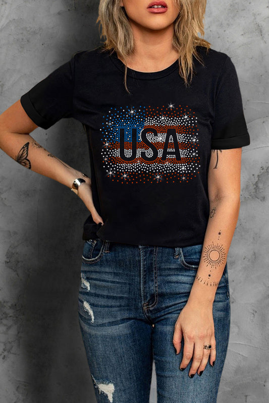 Rhinestone America Flag USA Graphic T Shirt