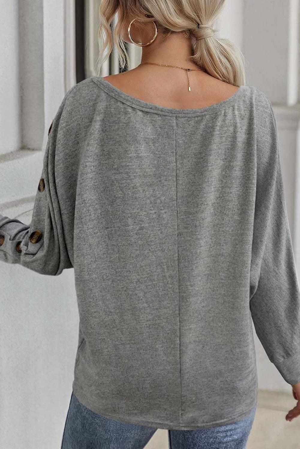 Solid Color Button Decor Dolman Sleeve Top