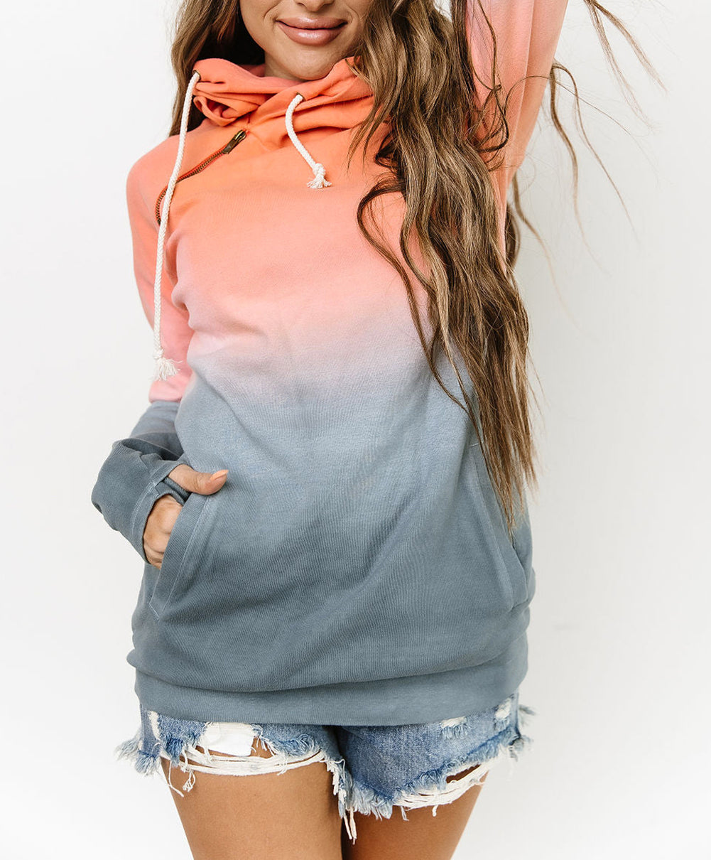 Gradient Thumbhole Sleeve Pocketed Zipper Hoodie