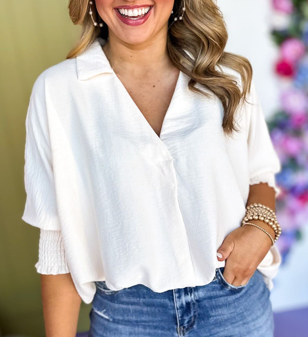 Boxy Collared Smocked Sleeve Cuffs Blouse