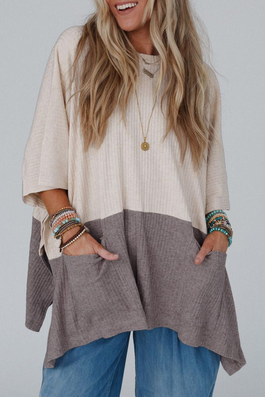 Color Block Ribbed Knit Split Side Poncho