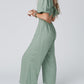 Green V Neck Puff Sleeve Hollow out Wide Leg Jumpsuit