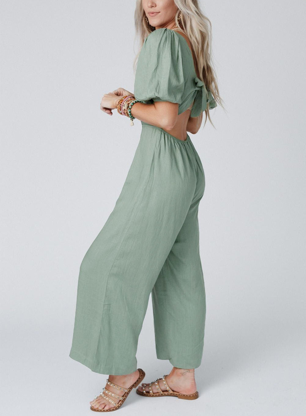 Green V Neck Puff Sleeve Hollow out Wide Leg Jumpsuit