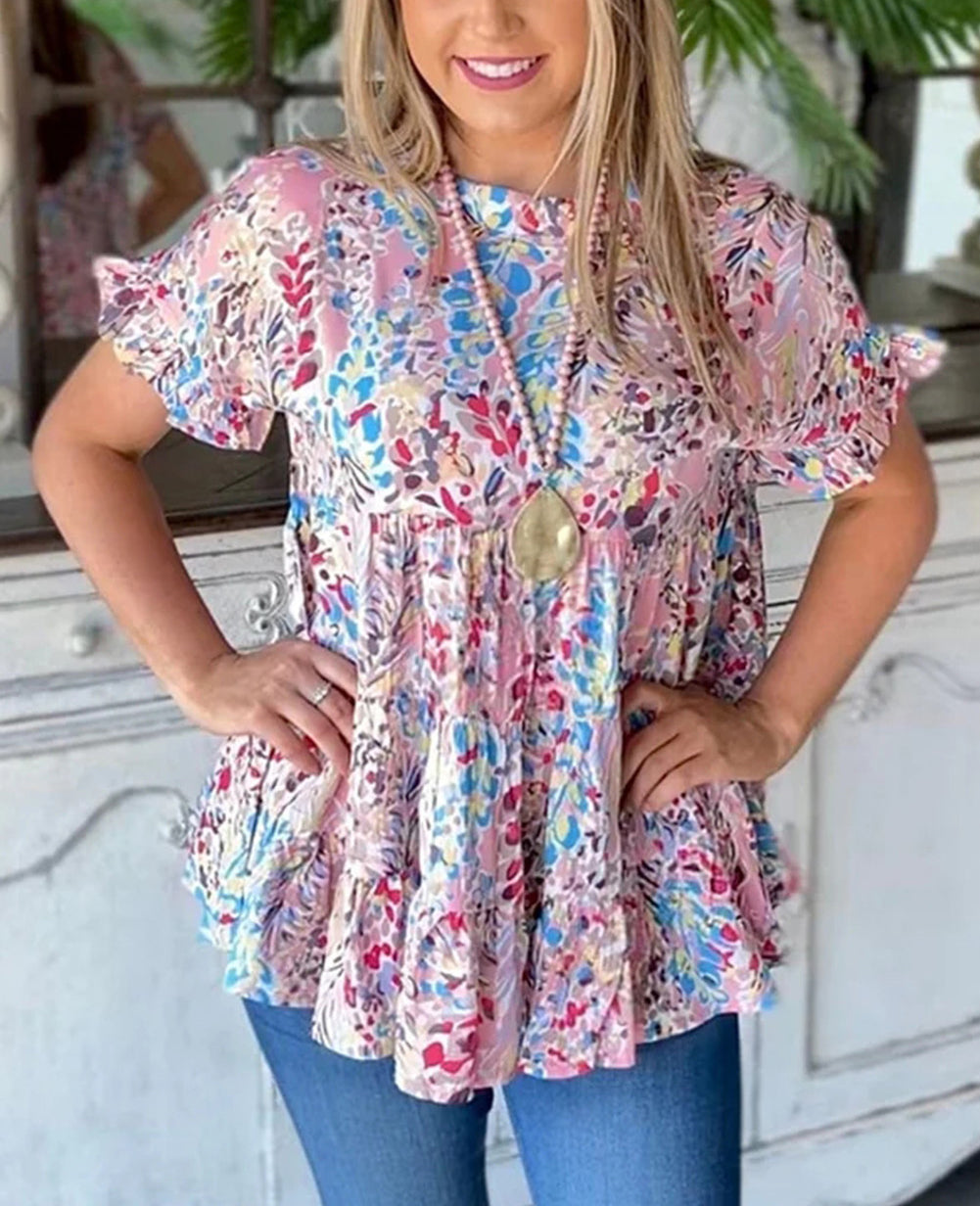 Floral Print Ruffle Sleeve Babydoll Top
