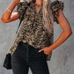 Khaki Floral Print Tiered Flutter Sleeve V Neck Top