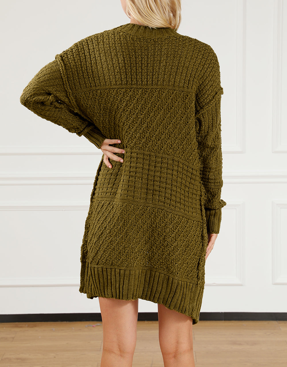 Exposed Seam Mixed Knit Drop Shoulder Cardigan