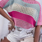 Knitted Eyelet Colorblock Striped Half Sleeves Top