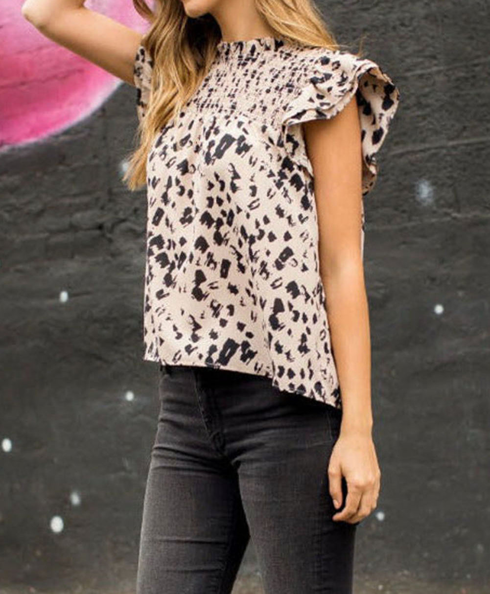 Leopard Smocked Ruffle Sleeve Blouse