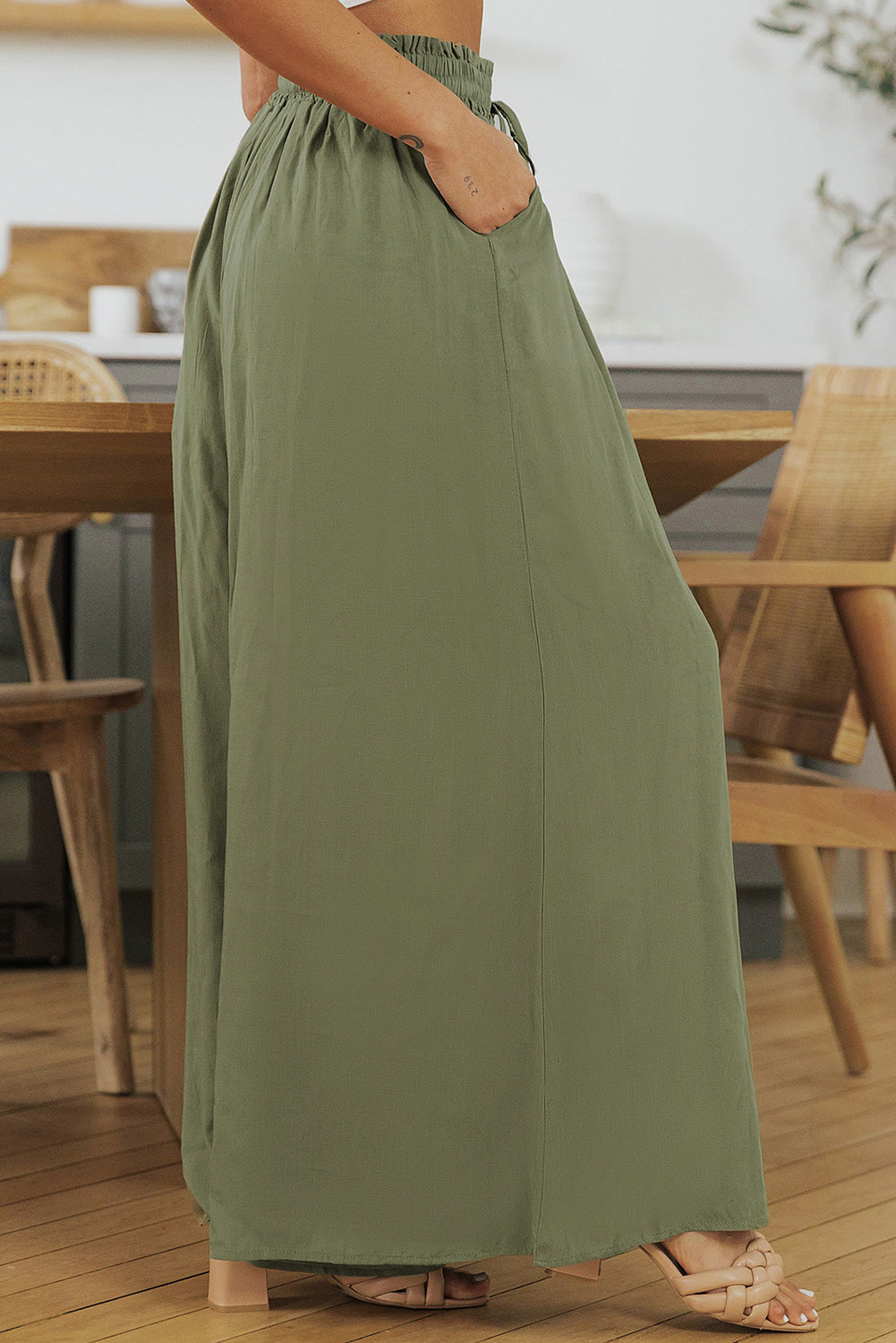 Drawstring Smocked High Waist Wide Leg Pants