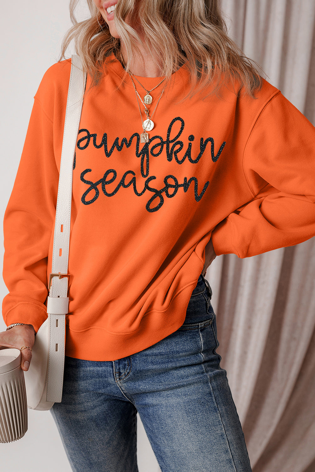 Glittering Pumpkin Season Graphic Drop Shoulder Pullover Sweatshirt