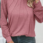 Contrast Lace Raglan Sleeve Plicate Round Neck Top