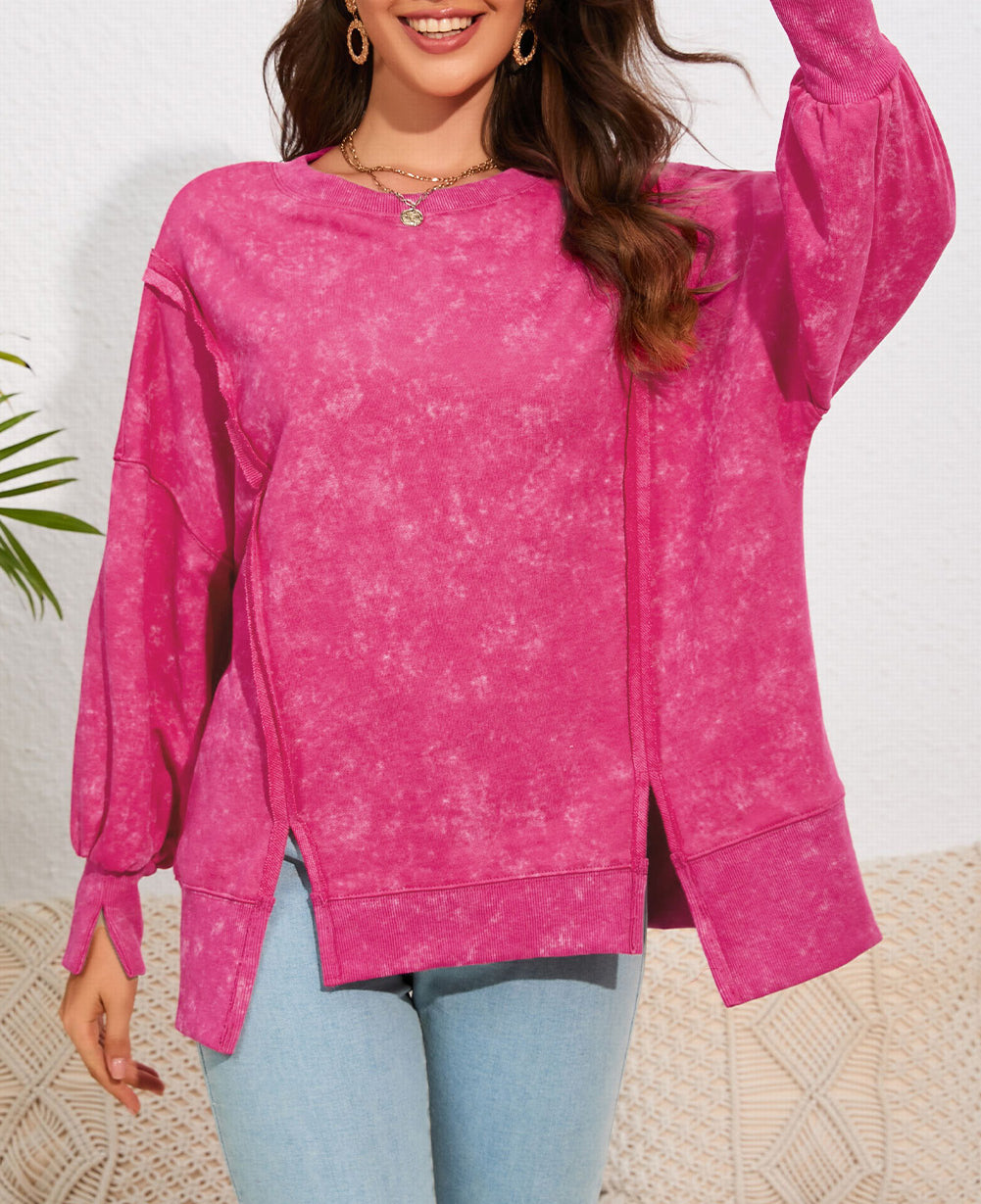 Acid Wash Relaxed Fit Seamed Pullover Sweatshirt with Slits