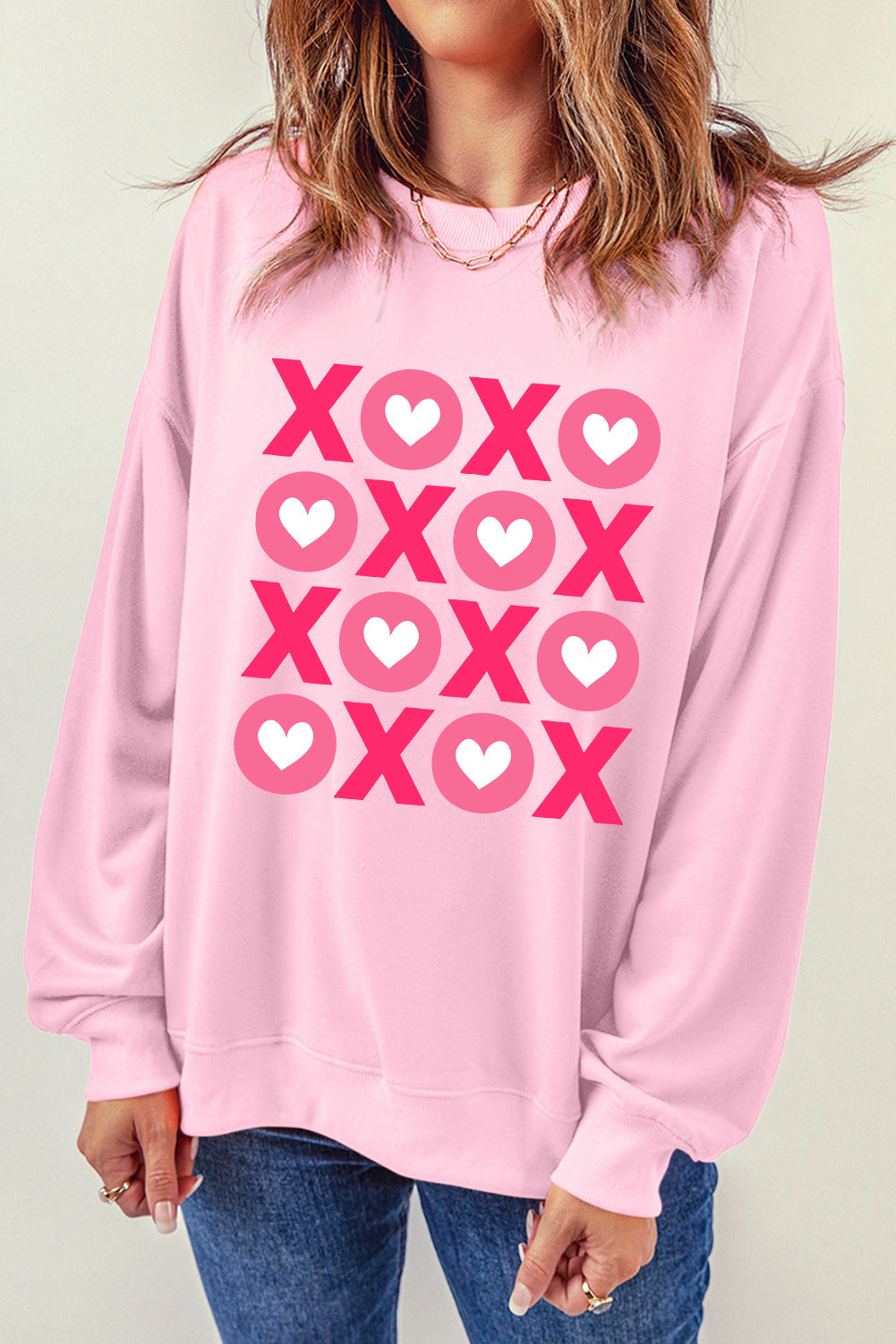 XOXO Heart Print O Neck Drop Shoulder Sweatshirt